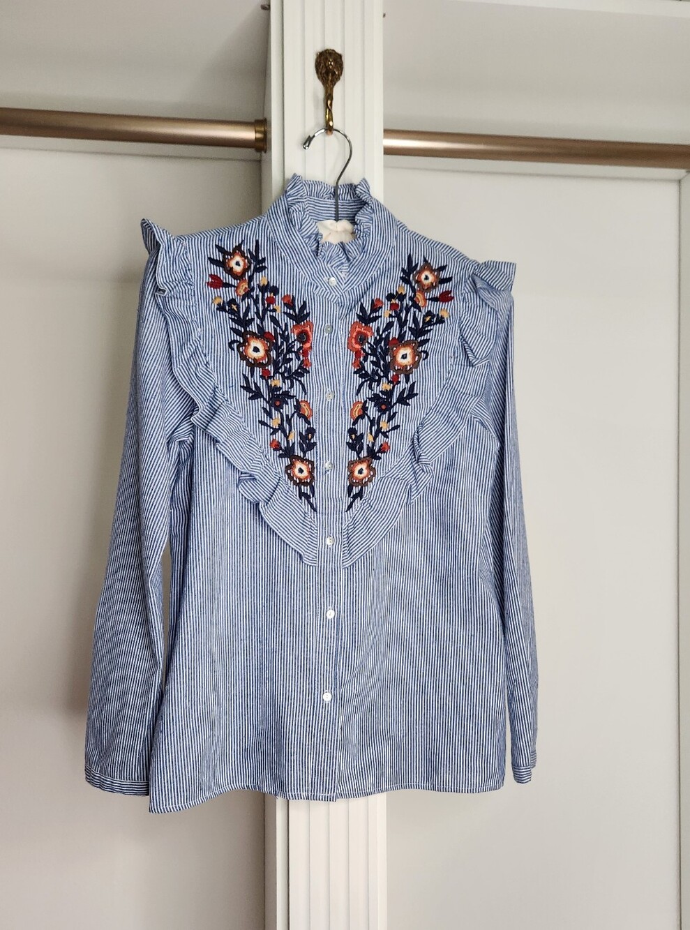 Blue Striped Ruffle Button-Up Top with Floral Embroidery